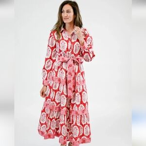 Victoria Dunn Blockprint Cotton Midi Dress With Bow Belt Pink White Red M 🩷